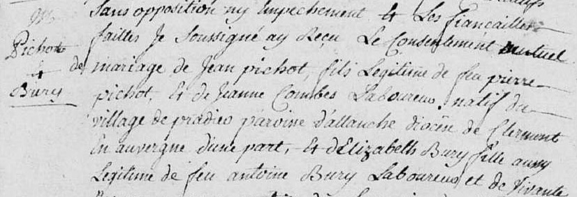 Extrait de l'acte de mariage de Jean Pichot et Elizabeth "Bury" (1773)