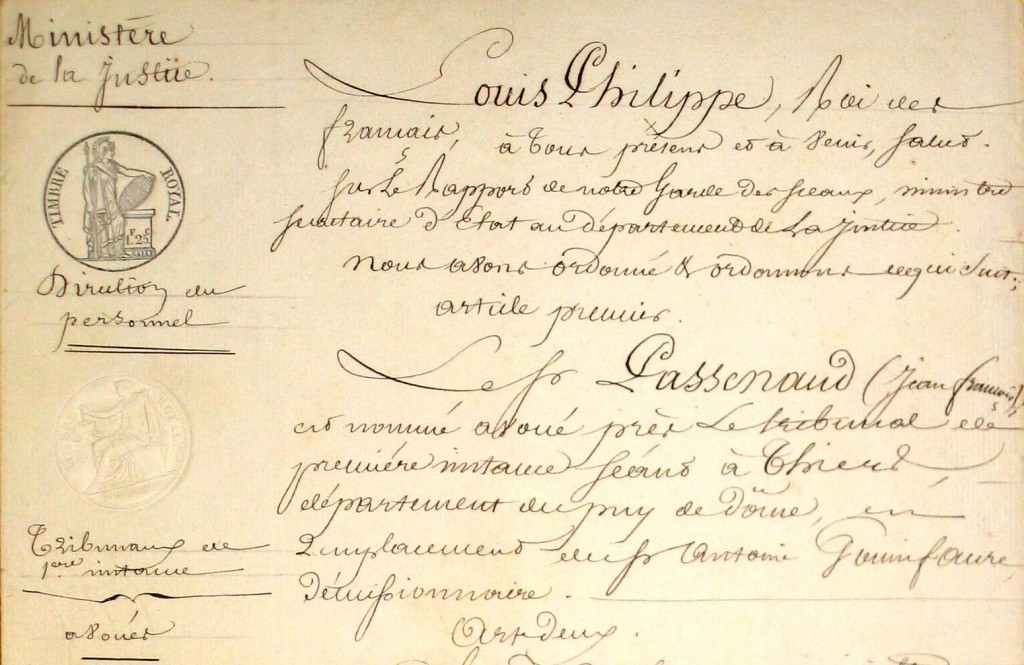 Nomination de Jean-François Passenaud en tant qu'avoué à Thiers