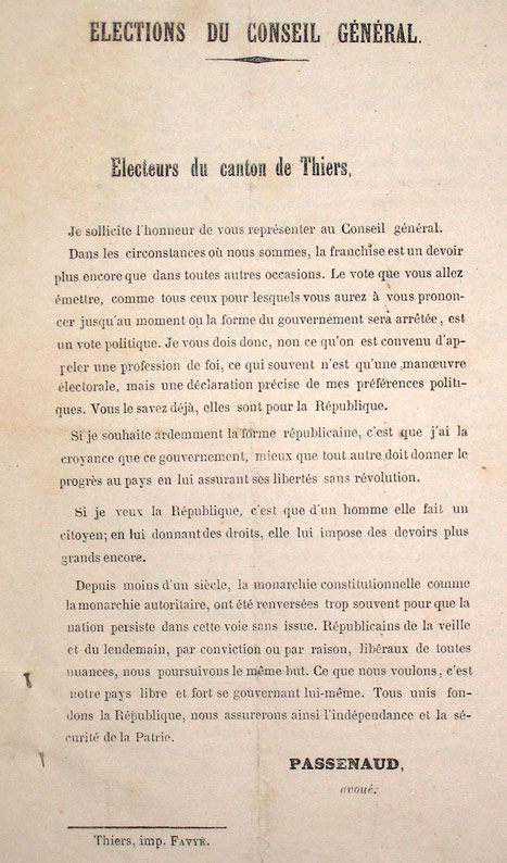 Document de campagne électorale à Thiers (signé Passenaud)