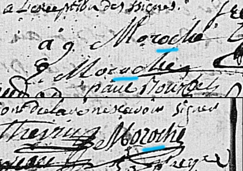 Signatures "Moroche" / "Morache" à différent endroits d'un acte de mariage (Coulanges-sur-Yonne - 1778 - 5 Mi 313/2 - AD89)