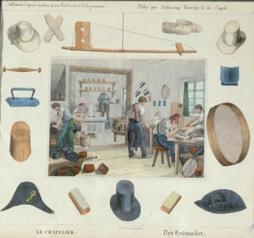 Dessin représentant l'atelier et les outils d'un chapelier en 1847