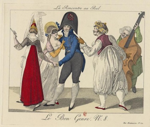 Rencontre au Bal (réimpression d'une gravure de 1827 in Le Bon Genre , 1931. Source : Gallica)