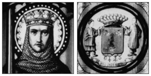 saint Ferdinand et les armoiries des Cardez sur la verrière de l'église de Cardan