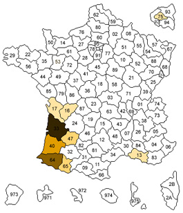 La répartition du nom Beguerie en France : contration dans le Sud-Ouest.